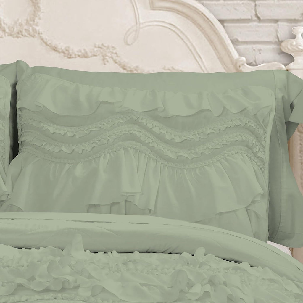 100% Egyptian Cotton, 550 GSM Microfiber Filled Quilt Ruffled Textured 3 Piece Full/Queen Size Comforter Set, Light Sage