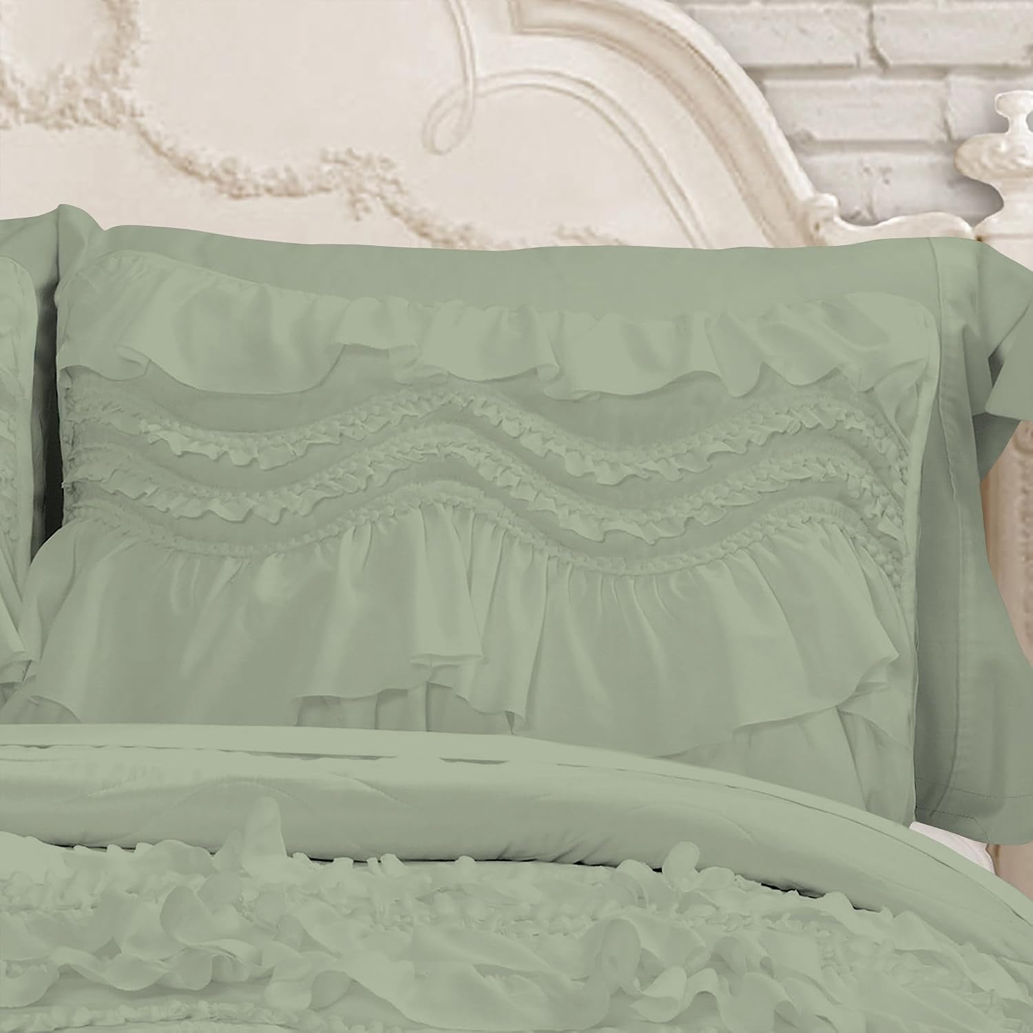 100% Egyptian Cotton, 550 GSM Microfiber Filled Quilt Ruffled Textured 3 Piece Full/Queen Size Comforter Set, Light Sage