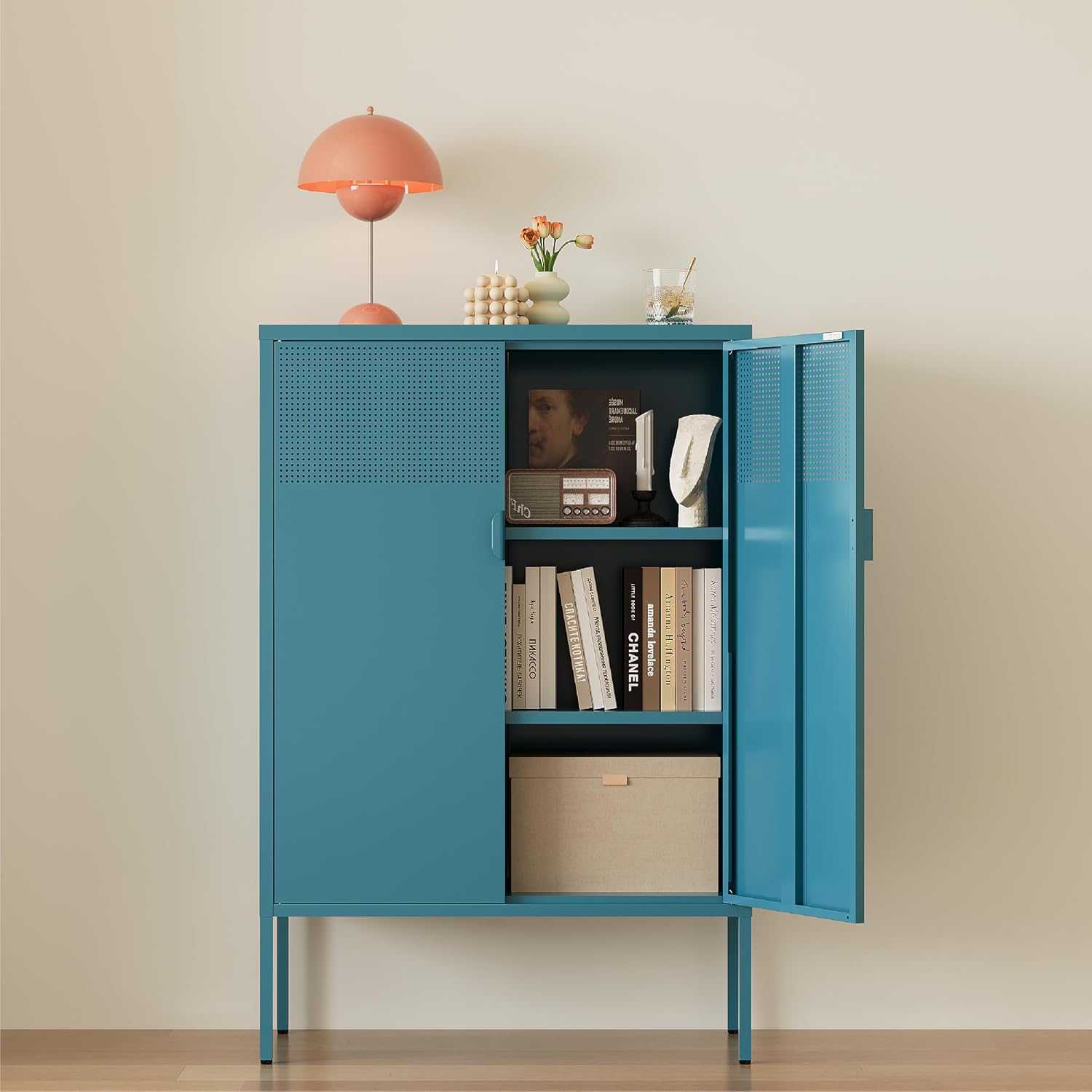 Metal Storage Cabinet,2 Door TV Stand, Metal Mesh Accent Cabinet,Magnetic Door Closure,Low Storage Cabinets with Doors and Shelves