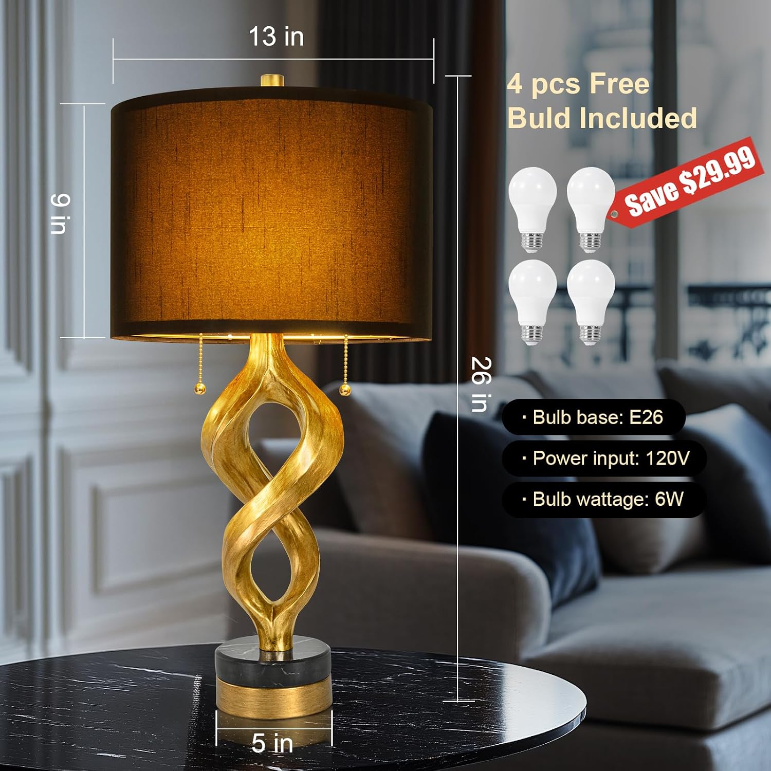 Sculptural Table Lamp Set of 2 for Bedroom, 26' Gold Leaf Farmhouse Bedside Lamps for Living Room, Pull Chains Switch Rustic Nightstand Lamp Marble Base with USB for Home Room Decor (Bulbs Included)