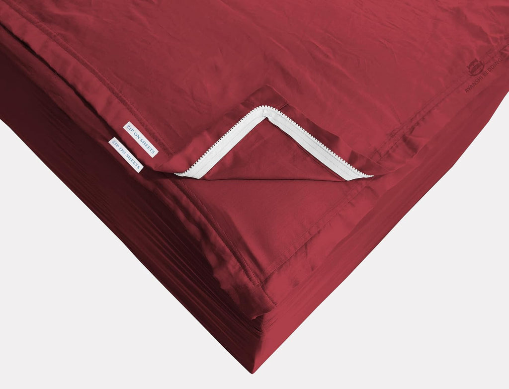 Cotton Zip On Fitted Sheet Queen - 2 Zip Sheets & 1 Fitted Sheet Base - Upto 16' Inch Deep Pocket Queen Size Zipper Fitted Sheets - Soft & Luxury 600 TC 100% Cotton - Burgundy