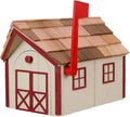 Amish Cedar Roof Wooden Mailbox with Window & Door Trim (Beige with Red Trim)