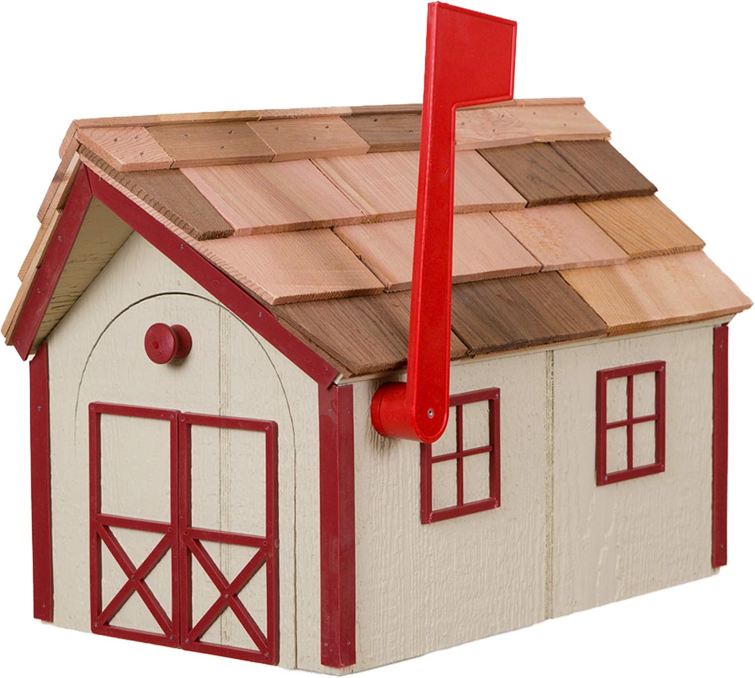 Amish Cedar Roof Wooden Mailbox with Window & Door Trim (Beige with Red Trim)