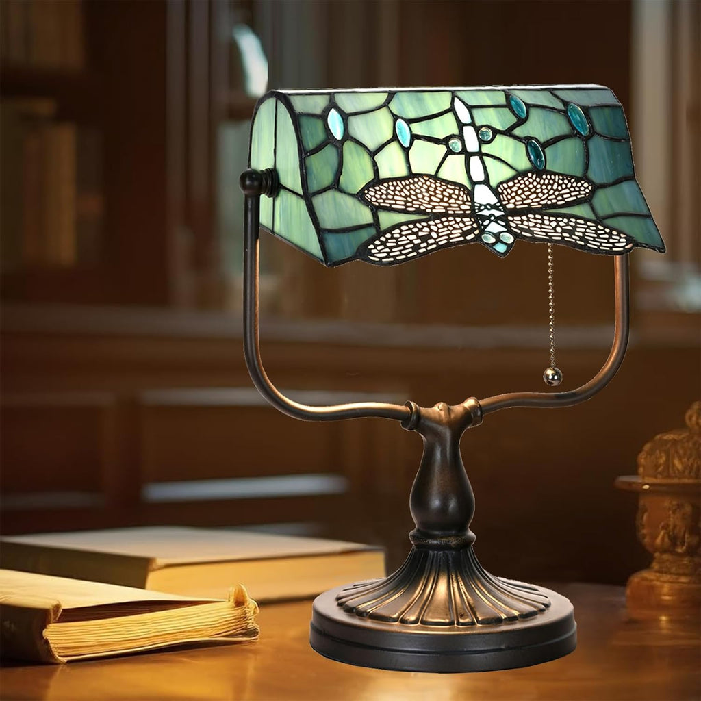 TL0030 Dragonfly Tiffany Banker Desk Lamp Stained Glass Green Shade with Vintage Bronze Base W10.25 X OH13 Inches, Art Nouveau Lamp for Home Office,LED Bulb Included (Dragonfly)