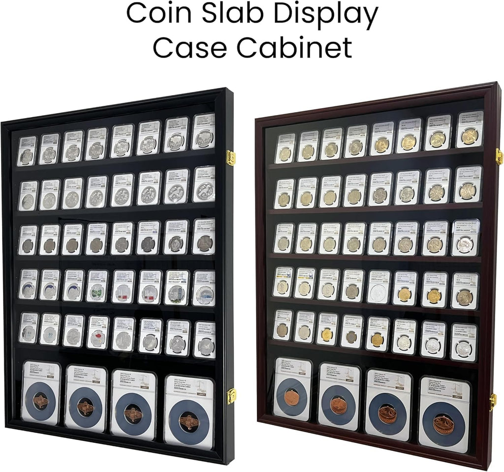 Wall-Mounted Walnut (5 Standard+1 Oversize Row) Wooden Coin Slab Display Case Holder Frame Cabinet Storage for Coin Collection Medal Badges Sport Card Trading Card Collectibles Organization