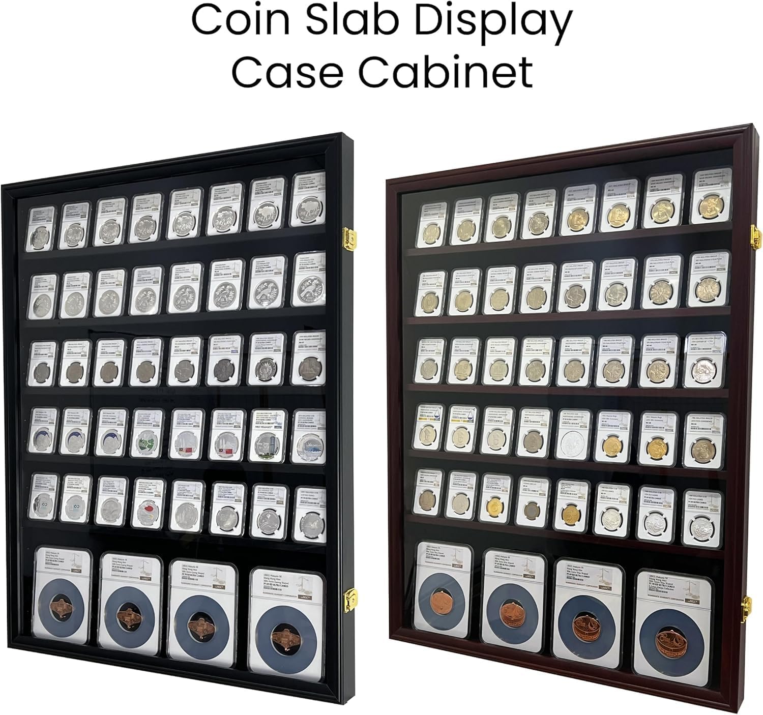 Wall-Mounted Walnut (5 Standard+1 Oversize Row) Wooden Coin Slab Display Case Holder Frame Cabinet Storage for Coin Collection Medal Badges Sport Card Trading Card Collectibles Organization