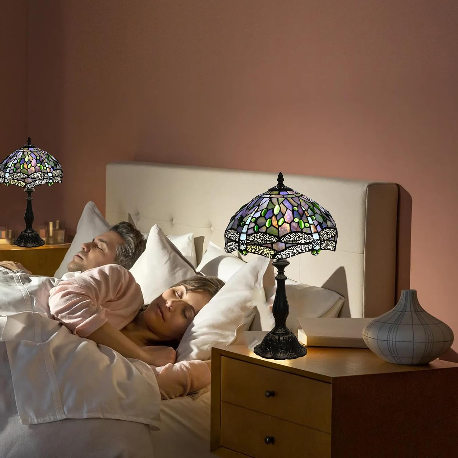 Tiffany Table Lamp Blue Dragonfly Stained Glass Table Lamps for Bedroom 12X12X19Inch 3 Way Color Temperatures Bedside Nightstand Home Office Desk Lamp Reading Lights with E26 LED Bulb