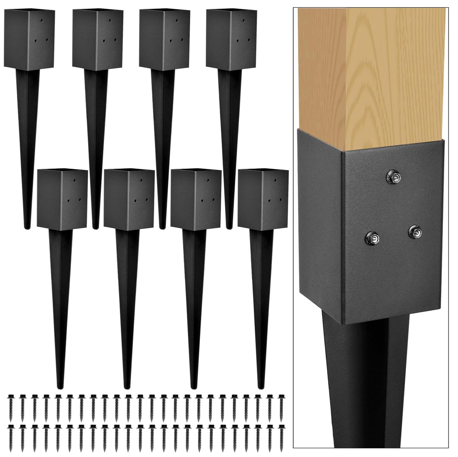 Heavy Duty Metal Fence Post Anchor Ground Spike 31.5''x4''x4'' for Fence, Mailbox, Bird Feeder, Decking, Banner, ... with The Black Powder Coating Cover on The Surface (Set 8)