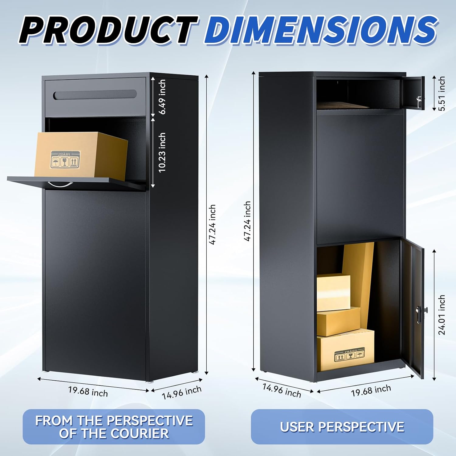 47.2' Package Delivery Box for Outside - Front-Back Black Metal Parcel Drop Box, Anti-Theft, IPX4 Waterproof, Weather-Resistant Mailbox for Porch, Fence, Curbside (Pass-Through Mailbox)