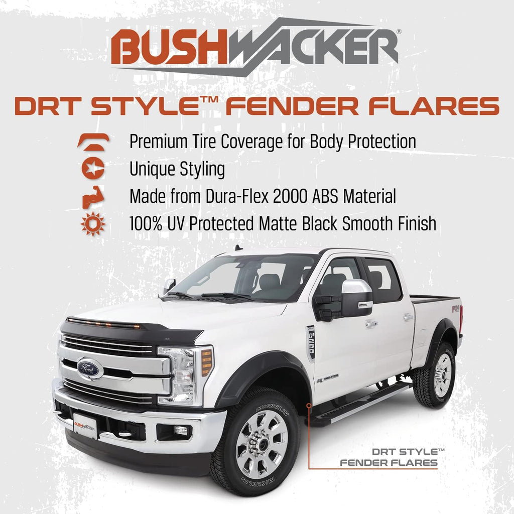 Bushwacker DRT Extended Front & Rear Fender Flares | 4-Piece Set, Black, Smooth Finish | 20951-02 | Fits 2017-2022 Ford F-250 w/ 6.8' or 8.2' Bed, F-350 Super Duty w/ 8.2' Bed