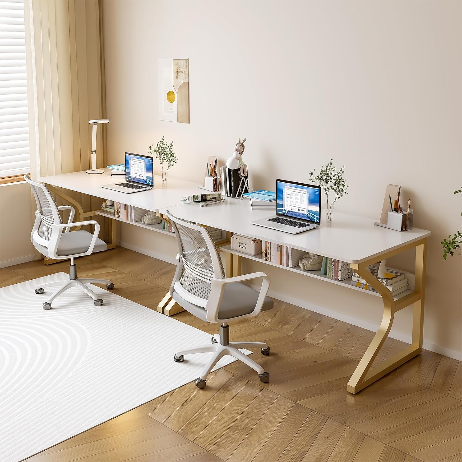 OSCHF Office Desk with Storage Shelf - 47.3' Long Writing Table for Single-Person Workstation, Modern Study Gaming Computer Desk, Gold