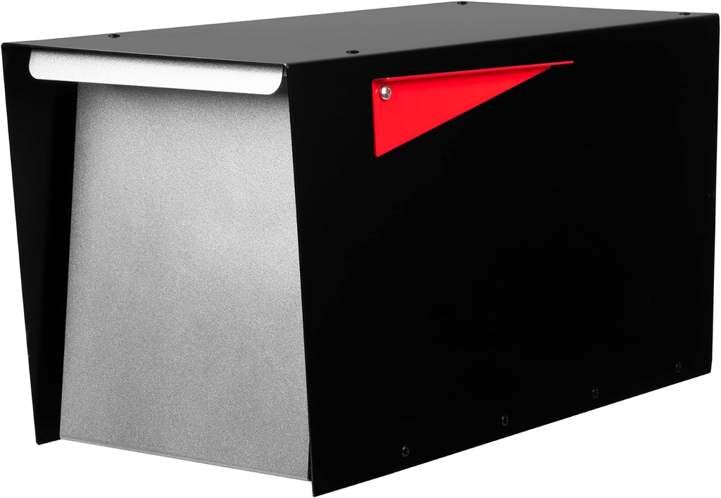 Ilyapa Modern Mailbox for Post Mount - Black with Gray Door Powder Coated Steel, Waterproof Letter Box for Parcels, with Recessed Magnetic Close Door