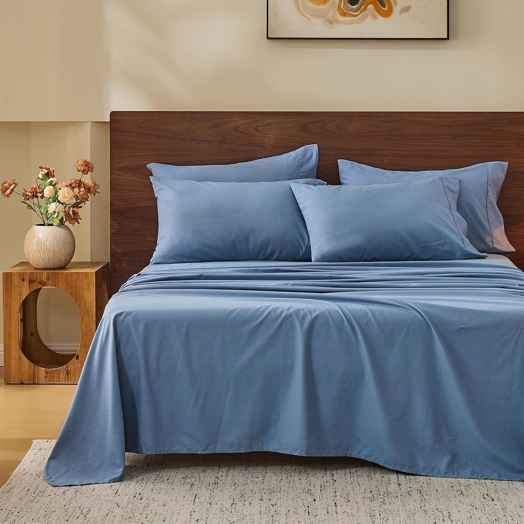 MEISHANG 100% French Pure Linen Sheets Queen Size - Bed Sheets 4 Piece Sets, Soft Durable Flax Linen, Anti-Tear Breathable Oeko-Tex Certified with 16' Deep Pocket (Dusty Blue)