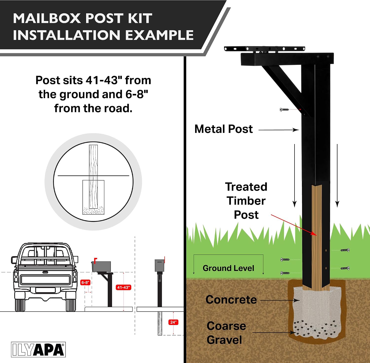 Ilyapa Modern Gray Steel Mailbox with Magnetic Door & Waterproof Parcel Slot + Black 43' Metal Post for Outside - Easy Install, Weatherproof, Durable, & Stylish Curbside Mail Solution