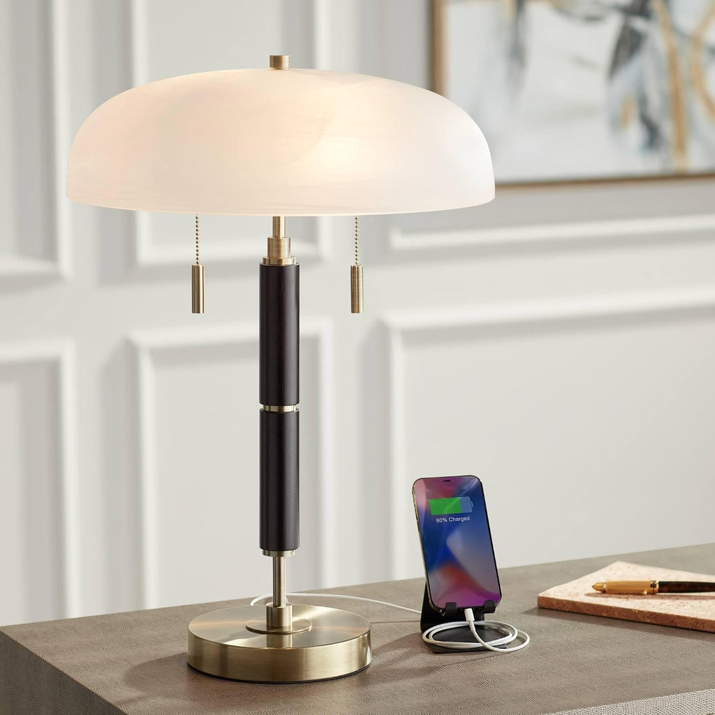 Possini Euro Design Wyndham 23' High Small Mid Century Modern Glam Luxe Desk Lamp with USB Charging Ports A+C Black Gold Metal Glass Dome Shade Home Office Living Room Charging Bedroom Bedside