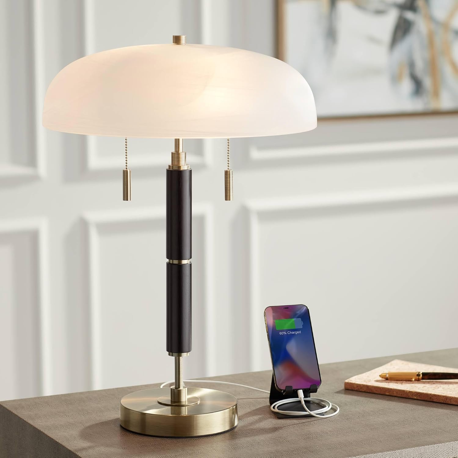 Possini Euro Design Wyndham 23' High Small Mid Century Modern Glam Luxe Desk Lamp with USB Charging Ports A+C Black Gold Metal Glass Dome Shade Home Office Living Room Charging Bedroom Bedside