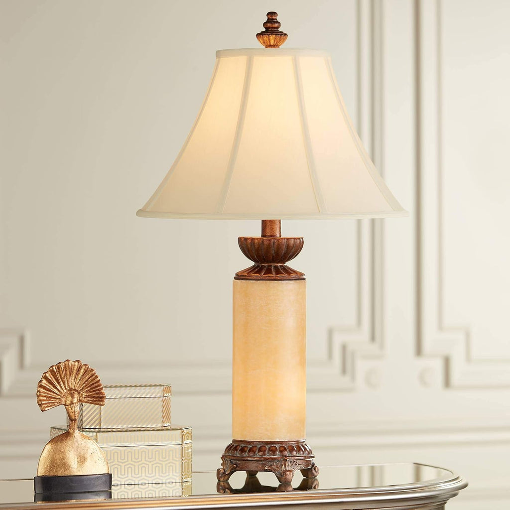 Barnes and Ivy Traditional Table Lamp with Night Light 28.5' Tall Dark Bronze Cream Onyx Stone Column Off White Bell Shade Decor for Living Room Bedroom House Bedside Nightstand Home Office