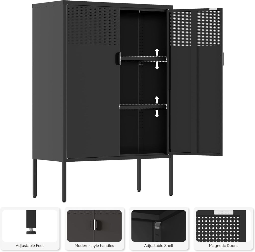 Black Metal Storage Cabinet,2 Door TV Stand, Metal Mesh Accent Cabinet,Magnetic Door Closure,Low Storage Cabinets with Doors and Shelf for Home,Office,Living Room