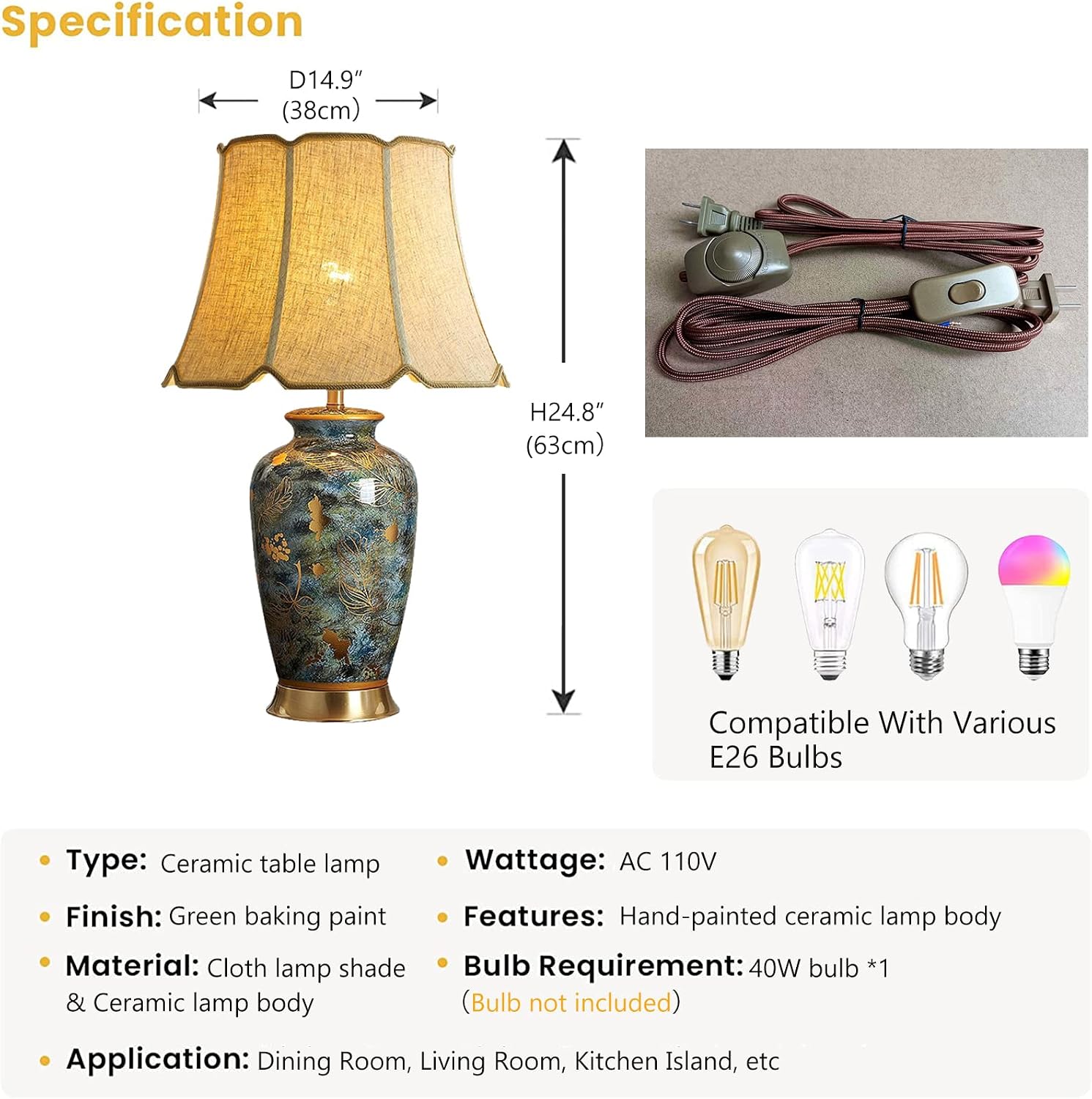 Blue Hand-Painted Ceramic Table Lamp Gold Flower Beside Lamps American Halo Ceramic Lamp Body with Fabric lampshade Nightstand for Living Room Bedroom Home Office