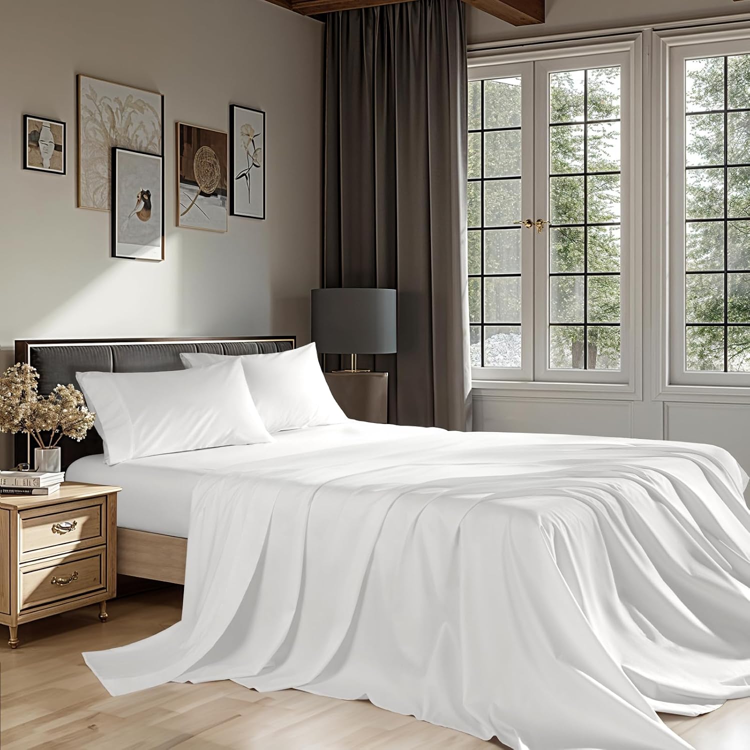 100% Cotton 1200 Thread Count Sheets Set Bedding Sets,Bed Sheet 4 Piece Sets,16 inches Deep Pocket (White, King)