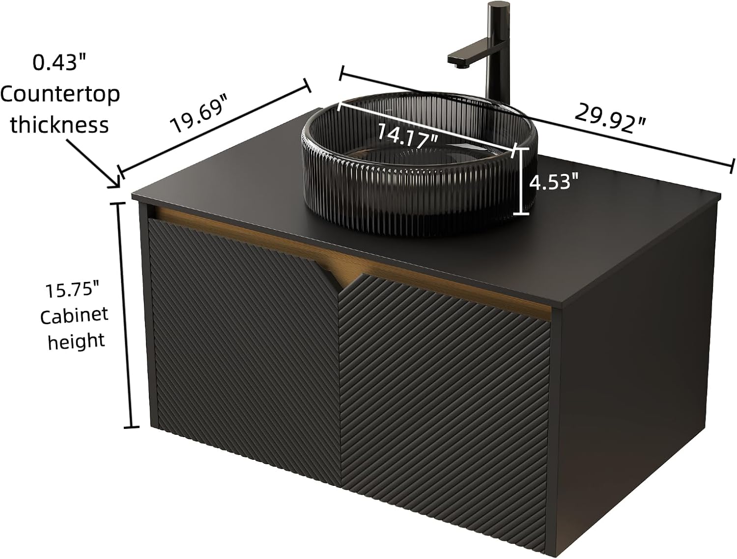 30 Inch Bathroom Vanity with Sink, Floating Fluted Vanity with Vessel Sink, Modern Bathroom Vanity Cabinet with 2 Doors with Metal Trim, Round Glass Sink & Sintered Stone Top, Black