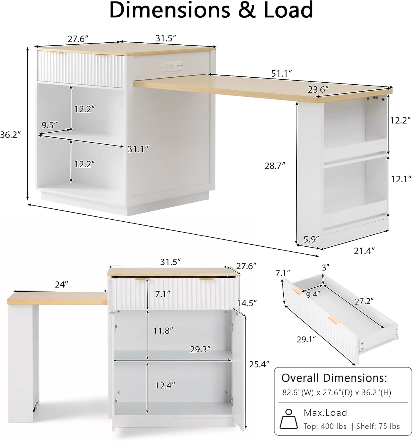 RUNNA 82.6' Fluted Kitchen Island with Extendable Dining Table for 4-6,Island Table for Kitchen with Power Outlet, Kitchen Table with Double-Side Storage, 2 Drawers 2 Side Open Shelves (White#18)