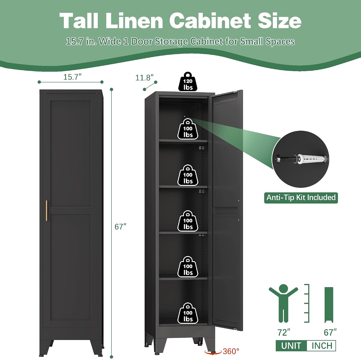 Bevivog Tall Narrow Storage Cabinet, 67' Single Door Metal Storage Locker Cabinet, Freestanding Tall Kitchen Pantry Cabinets for Small Space