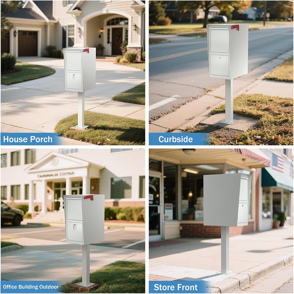 POCHAR Curbside Large Mailbox for Outside with Post - Locking Mailbox Post Mount with Base Plate - Weekend-Away Design Large Street Mail Box (White)