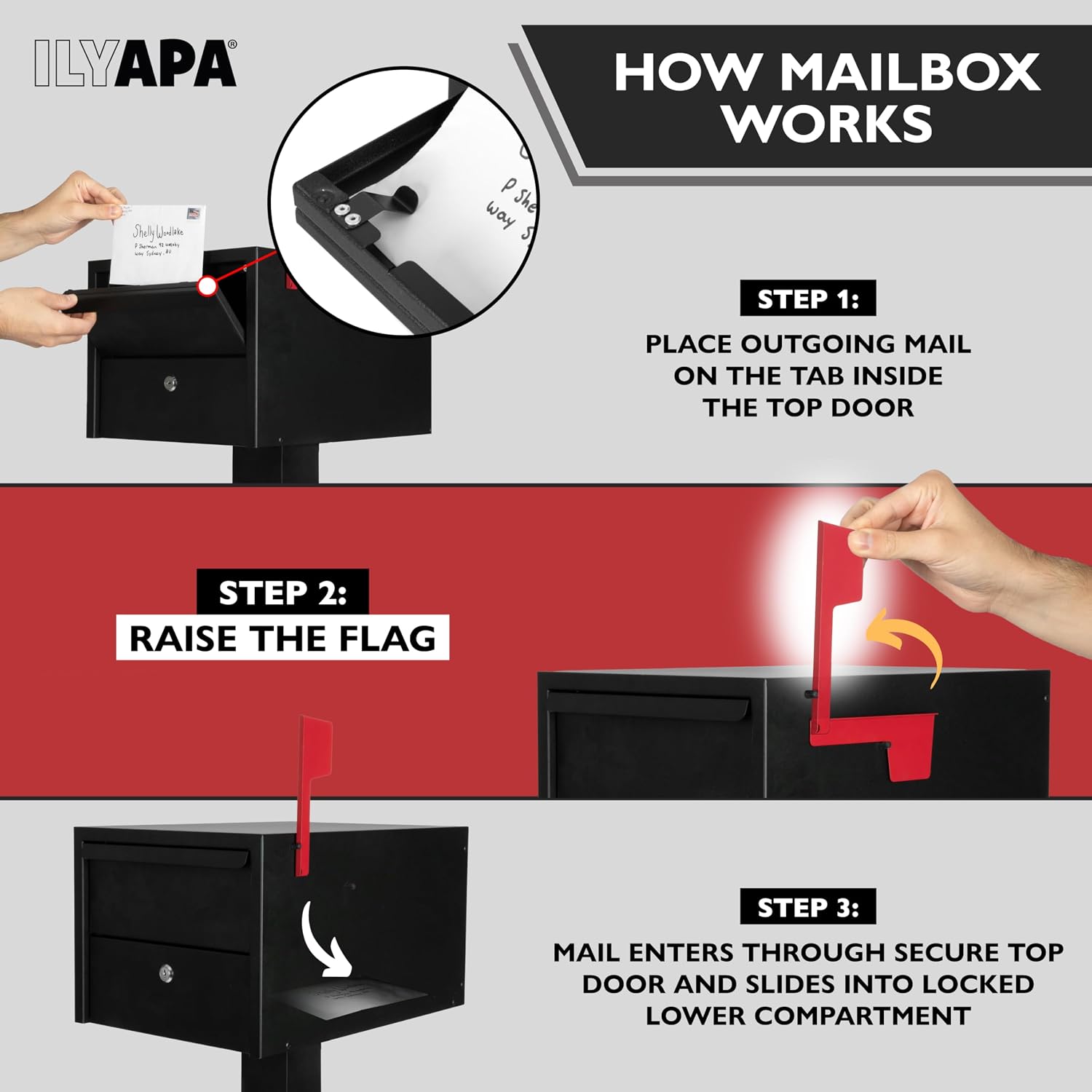 Ilyapa Locking Mailbox with Lock and Key Modern Mailboxes for Outside Post Mount - Black Powder Coated Steel, All Weather & Corrosion Resistant, Stainless Steel, Security