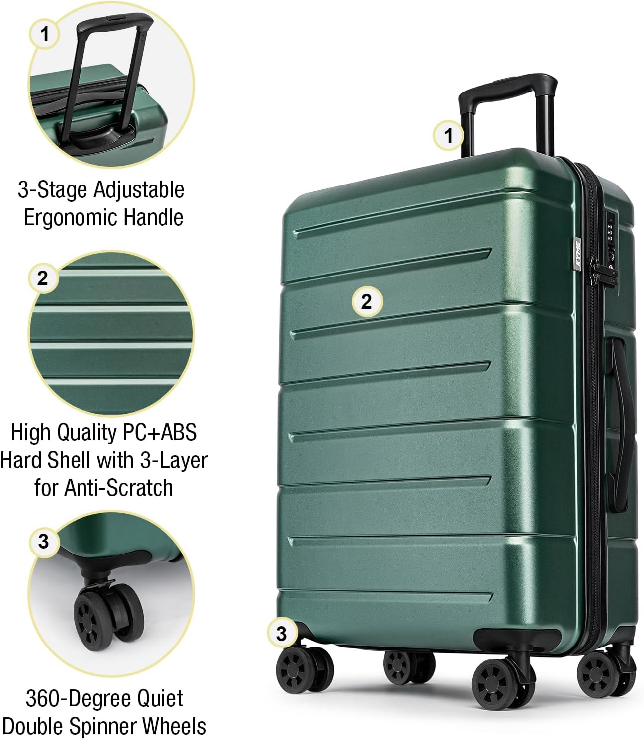 KYME Luggage Sets 2 Piece Suitcase Set Hardshell 20 inch/24 inch Luggage with Spinner Wheels Hardside PC+ABS Checked Large Suitcase with TSA Lock for Women Men Green