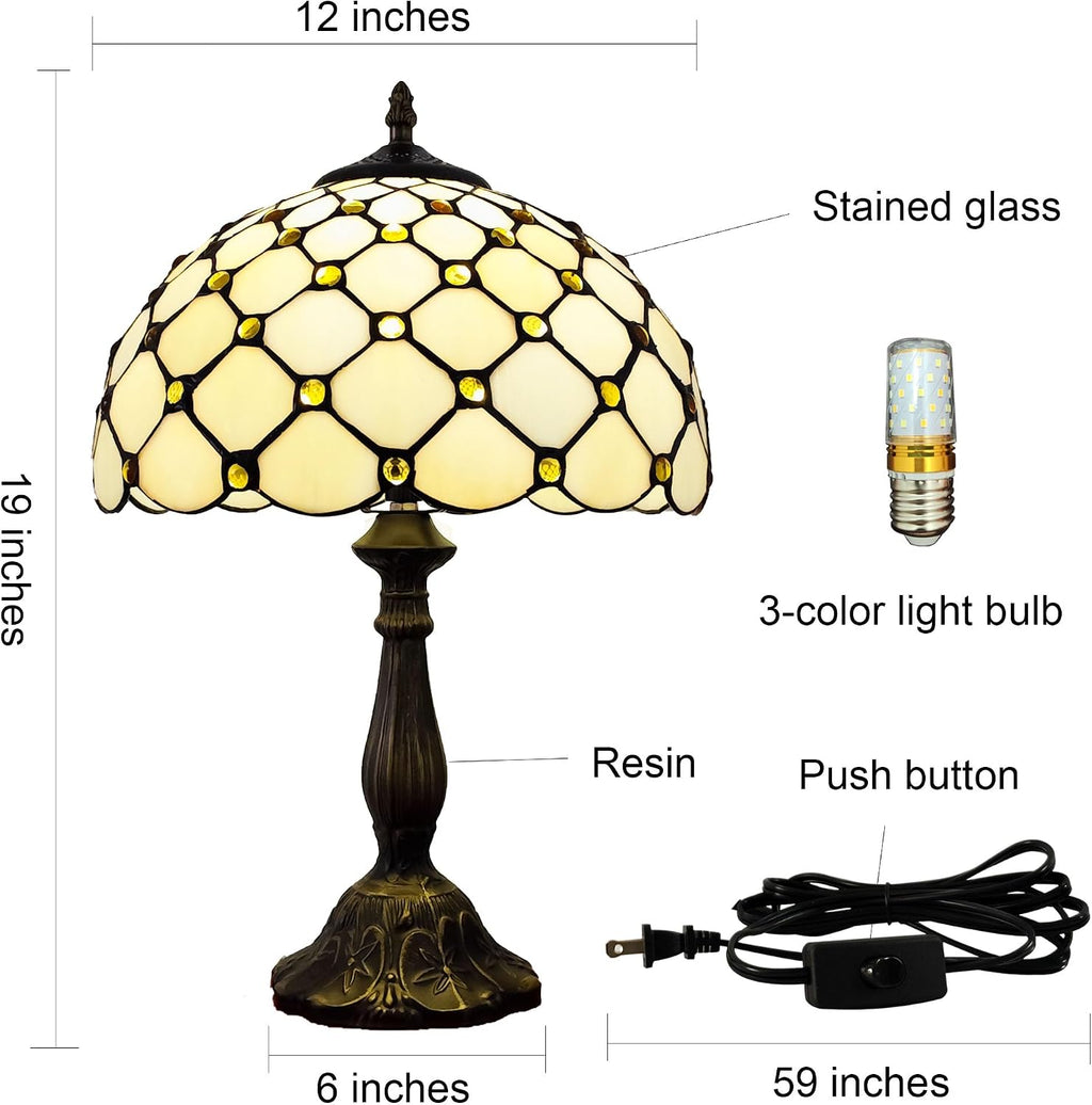 Tiffany Lamp Stained Glass Table Lamp - Antique Bedside Desk Reading Light With 3-Way Color LED - Living Room Nightstand 12X12X19 Inches - Home Office Desk Lamp - Cream White Pearls Style