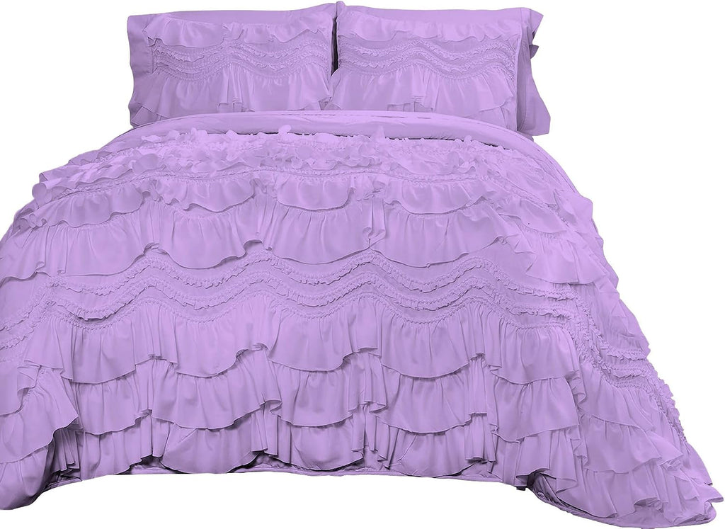 100% Egyptian Cotton, 550 GSM Microfiber Filled Quilt Ruffled Textured 3 Piece Full/Queen Size Comforter Set, Lilac
