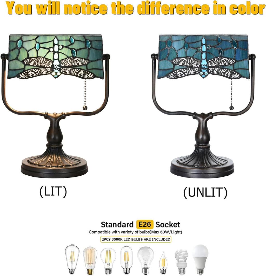 TL0030 Dragonfly Tiffany Banker Desk Lamp Stained Glass Green Shade with Vintage Bronze Base W10.25 X OH13 Inches, Art Nouveau Lamp for Home Office,LED Bulb Included (Dragonfly)