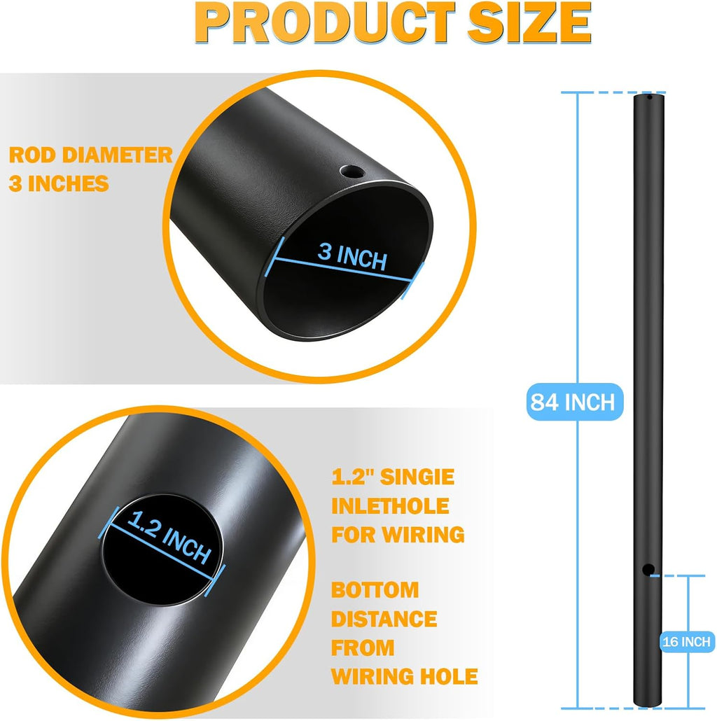 3' x 84' Black Steel Modern Outdoor Light Post Pole - Direct Burial Die-Cast Metal Lamp Post for Exterior House, Porch, Patio, Driveway, Garden, Walkway, Deck, Lawn, Terrace, Courtyard & Garage