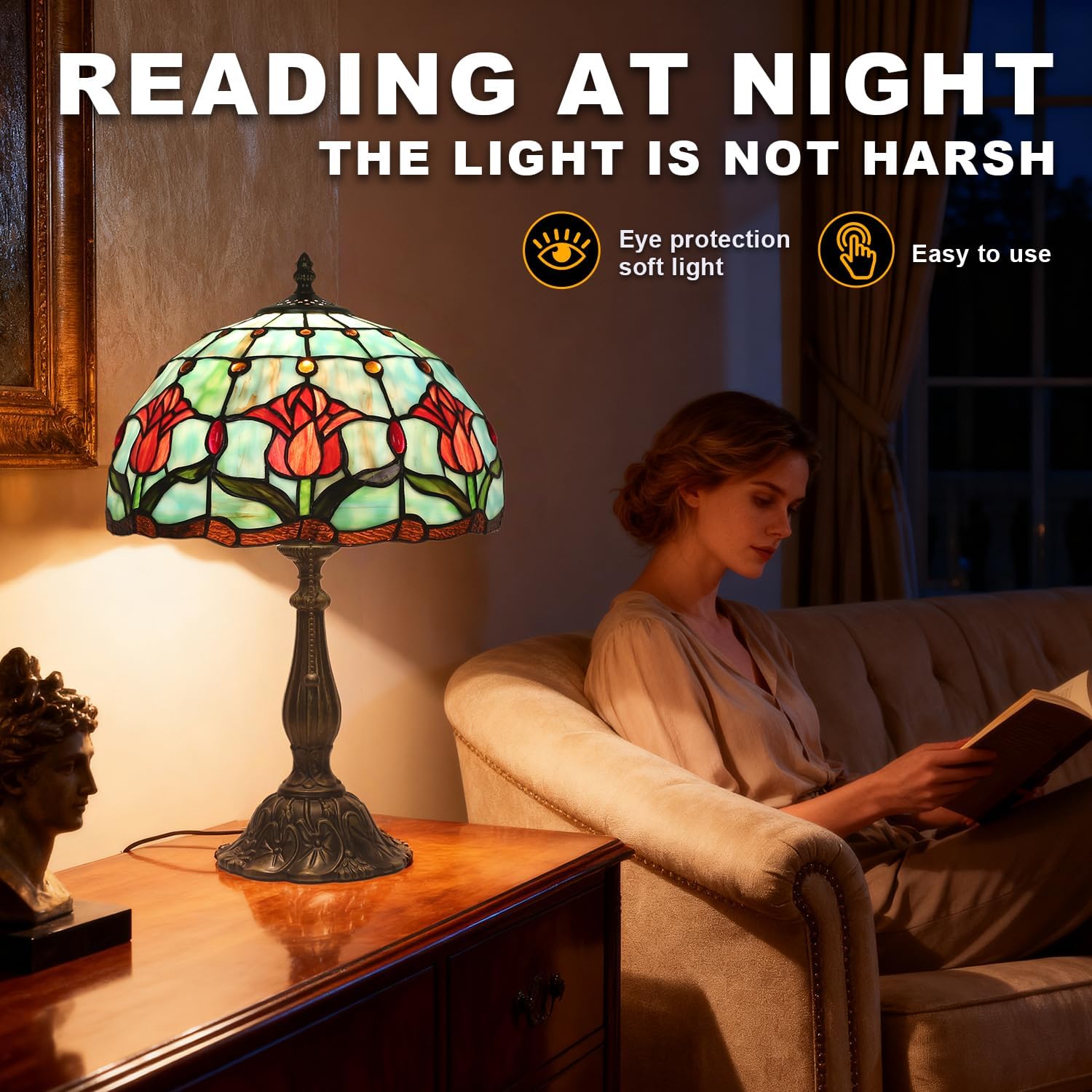 Stained Glass Tulip Table Lamp, Vintage Tiffany Style Reading Light, 12x12x19 Inch Antique Art Glass Desk Lamp for Home Office Bedroom Decor