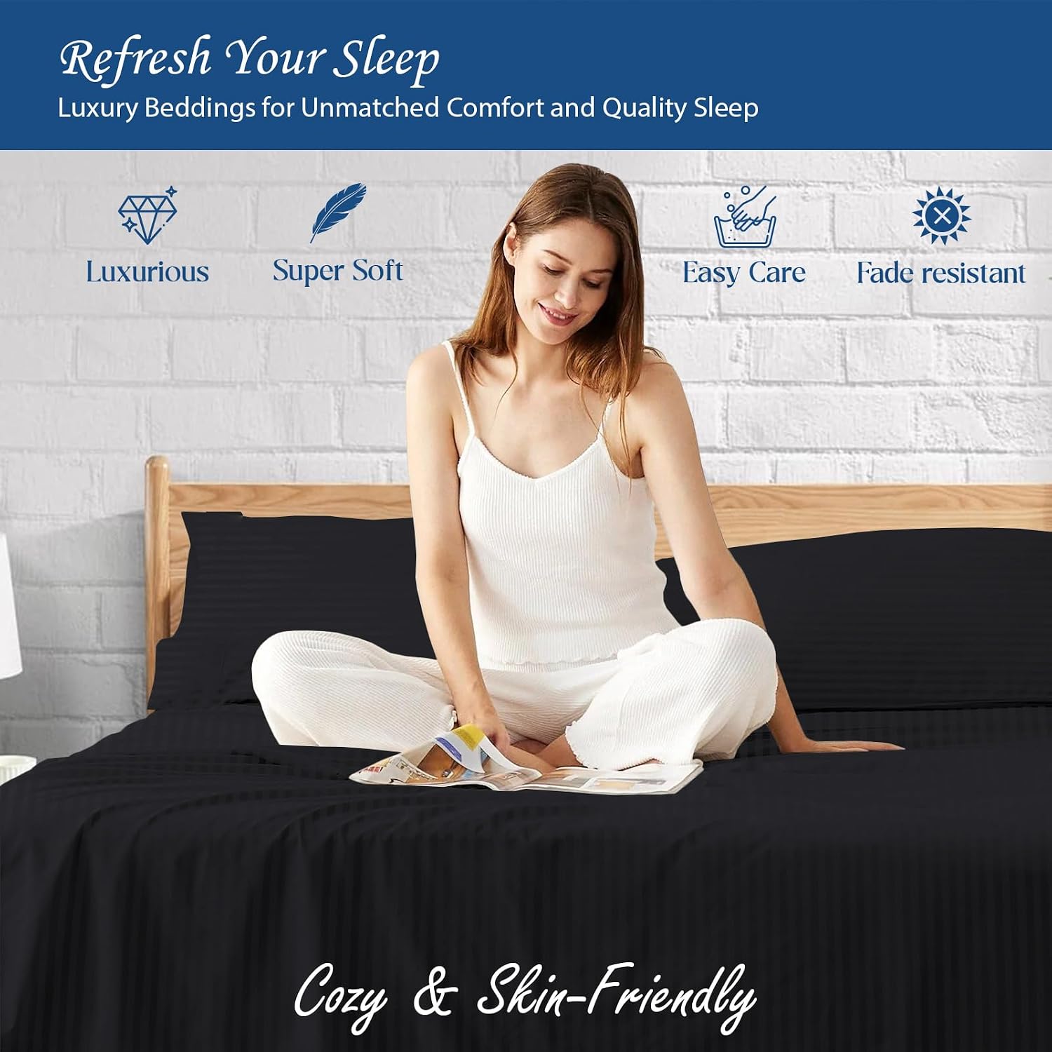 Luxury 1800 Thread Count Heavy Egyptian Cotton 4-PCs Sheet Set Fits Mattress 21-24'' Fully Elastic Deep Pocket (Queen Size) (Stripe, Black)