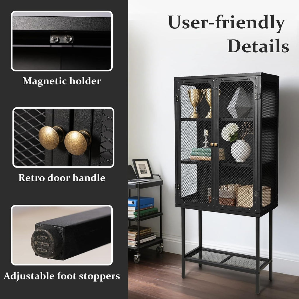 LOKKHAN Industrial Metal Display Cabinet, Black Mesh Door Storage Unit with Retro Handles, 59.1 x 27 x 12.6 Inch Tall Standing Shelving, Magnetic Holders, Adjustable Feet