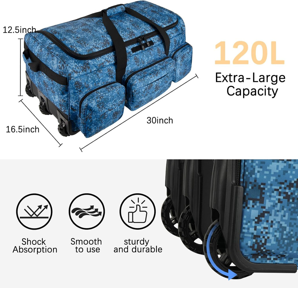 120L 3 Wheel Tactical Rolling Duffle Bag, Heavy Duty Military Deployment Luggage, 900D Waterproof Duffel for Camping Travel Outdoor Sports