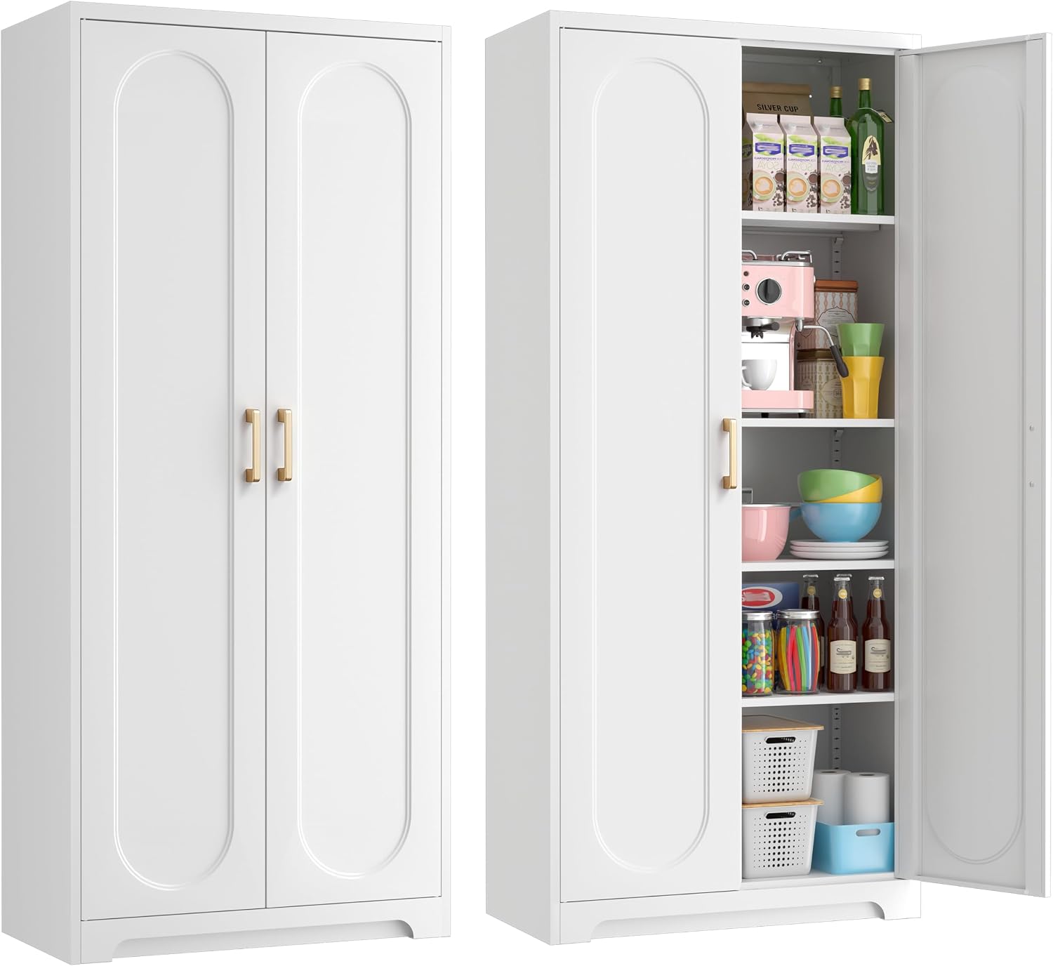 71' White Pantry Cabinet with Doors, Tall Metal Kitchen Pantry Storage Cabinet with 4 Adjustable Shelves and Gold Handles, Cupboard for Laundry, Dining Room, Living Room, Bathroom