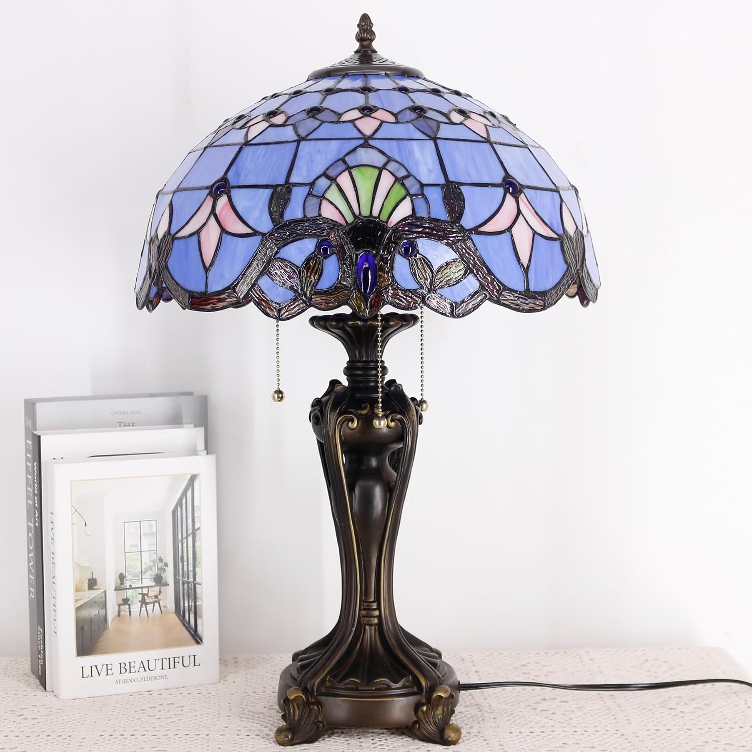 Large Tiffany Lamp Shade Replacement Only 16Inch Stained Glass Lampshade Fit For Table Lamps FLoor Lamp Ceiling Fixture Pendant Hanging Light Home Office Decoration (Blue Baroque)