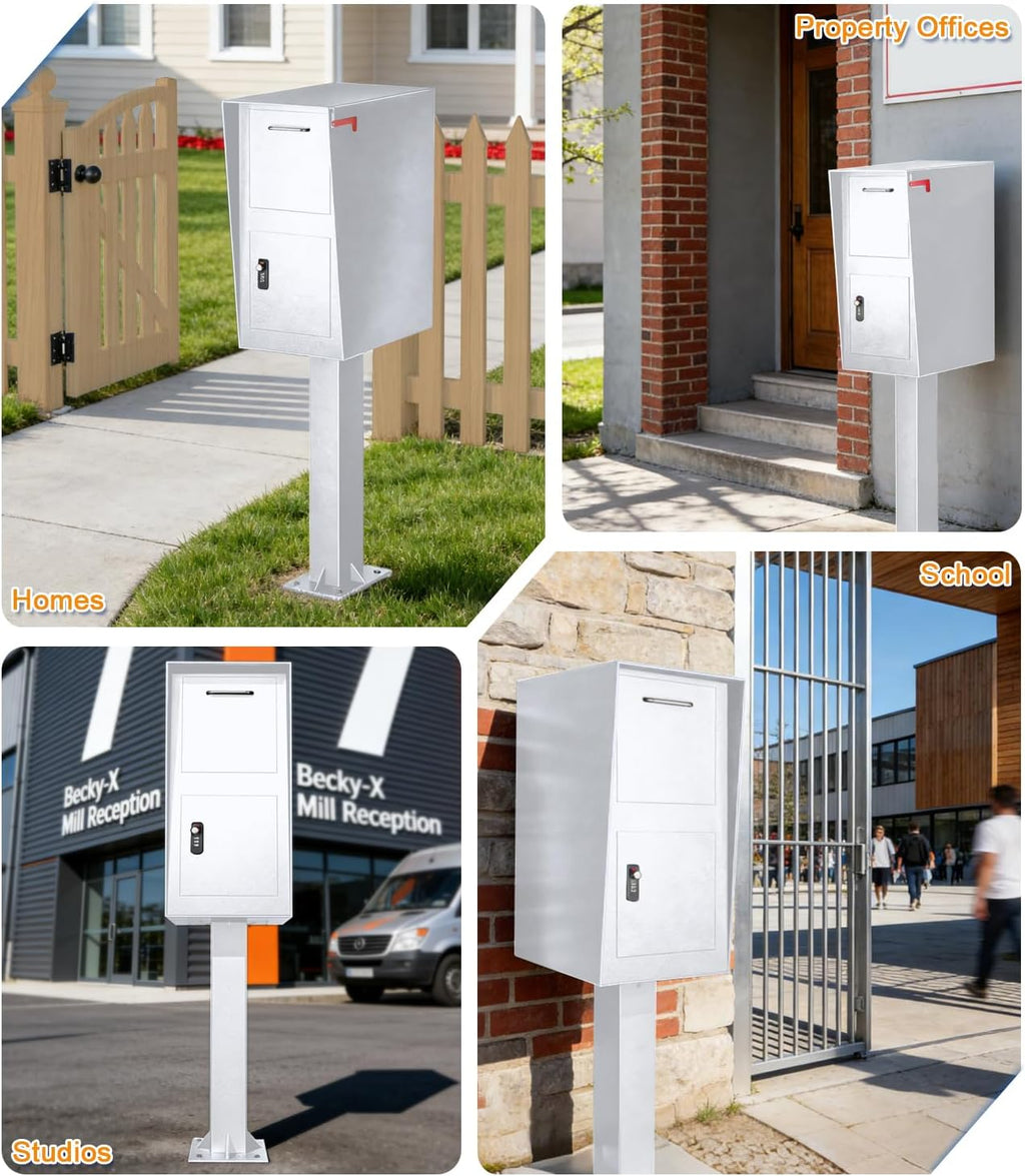 All-in-One Secure Curbside Locking Mailbox for Packages & Mail, Galvanized Steel with Combination Lock & Key, Anti-Theft Rainproof Design, Spacious Interior (White)