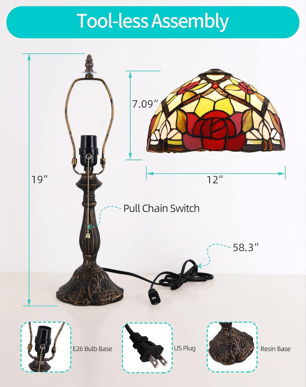 Tiffany Table Lamp, 12-inch Stained Glass Lamp for Living Room, Dining Room, Bedroom, Study Room, Office (Red Rose)