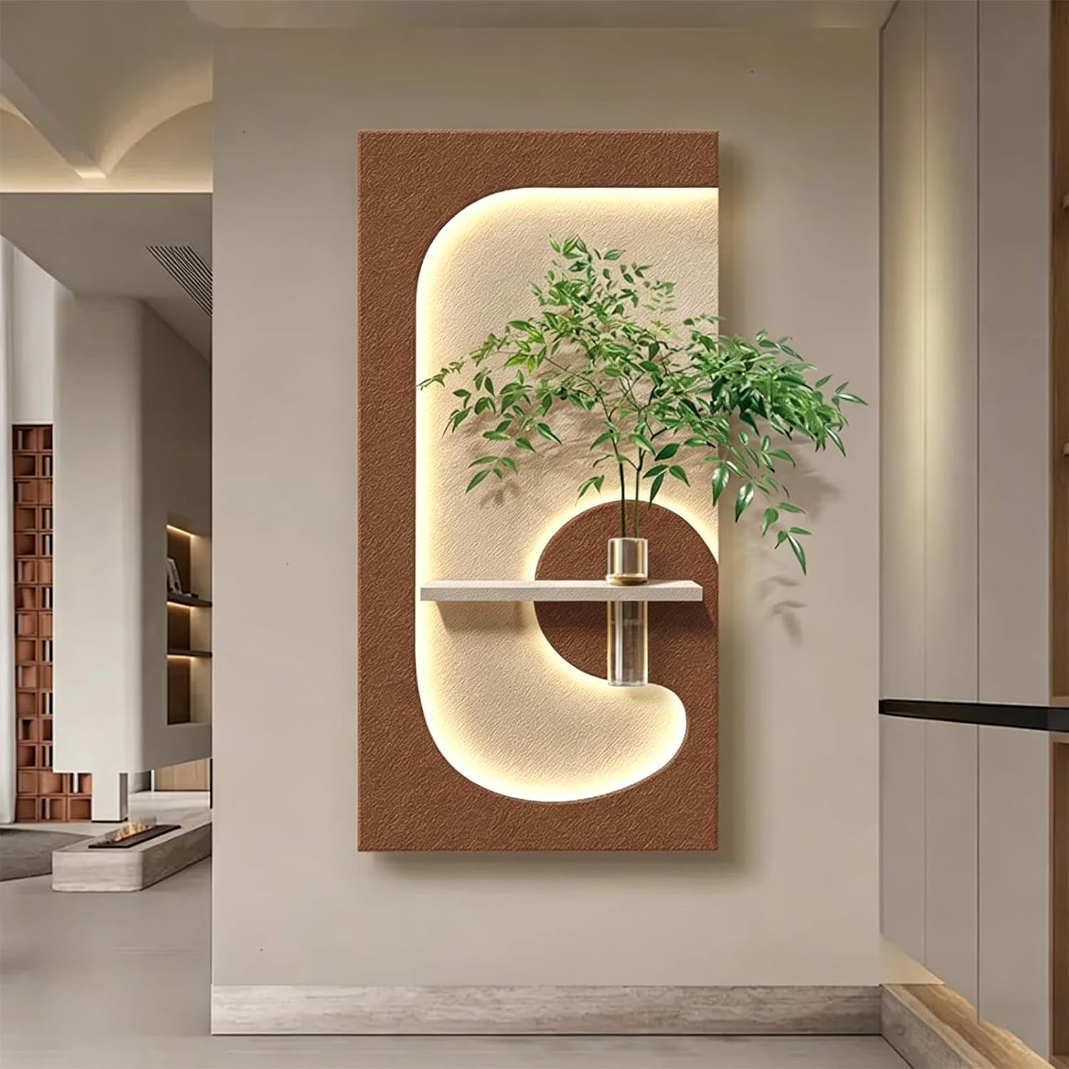 JVQONSD Sandstone Modern Wall Sculpture,3D Art Wall Decor With Led Lights,Neutral Textured Painting Decoration,Wall Hanging Art With A Vase,Plug-In Power Supply For Corridor/Home (Entrance)/Indoor