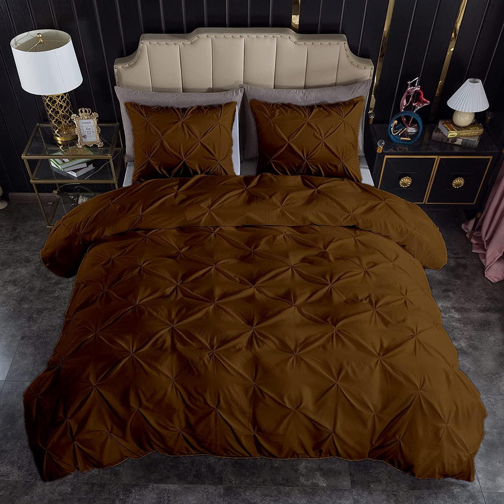 Pinch Pleated 3pc Duvet Cover Set 100% Egyptian Cotton 1000-TC Zipper & Corner Ties Rectangle Pattern Decorative Pintuck (All Queen 90x90 Size, Chocolate)