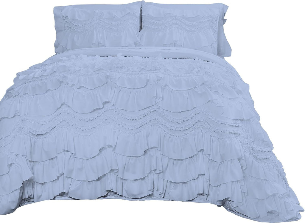 100% Egyptian Cotton, 550 GSM Microfiber Filled Quilt Ruffled Textured 3 Piece Full/Queen Size Comforter Set, Light Blue