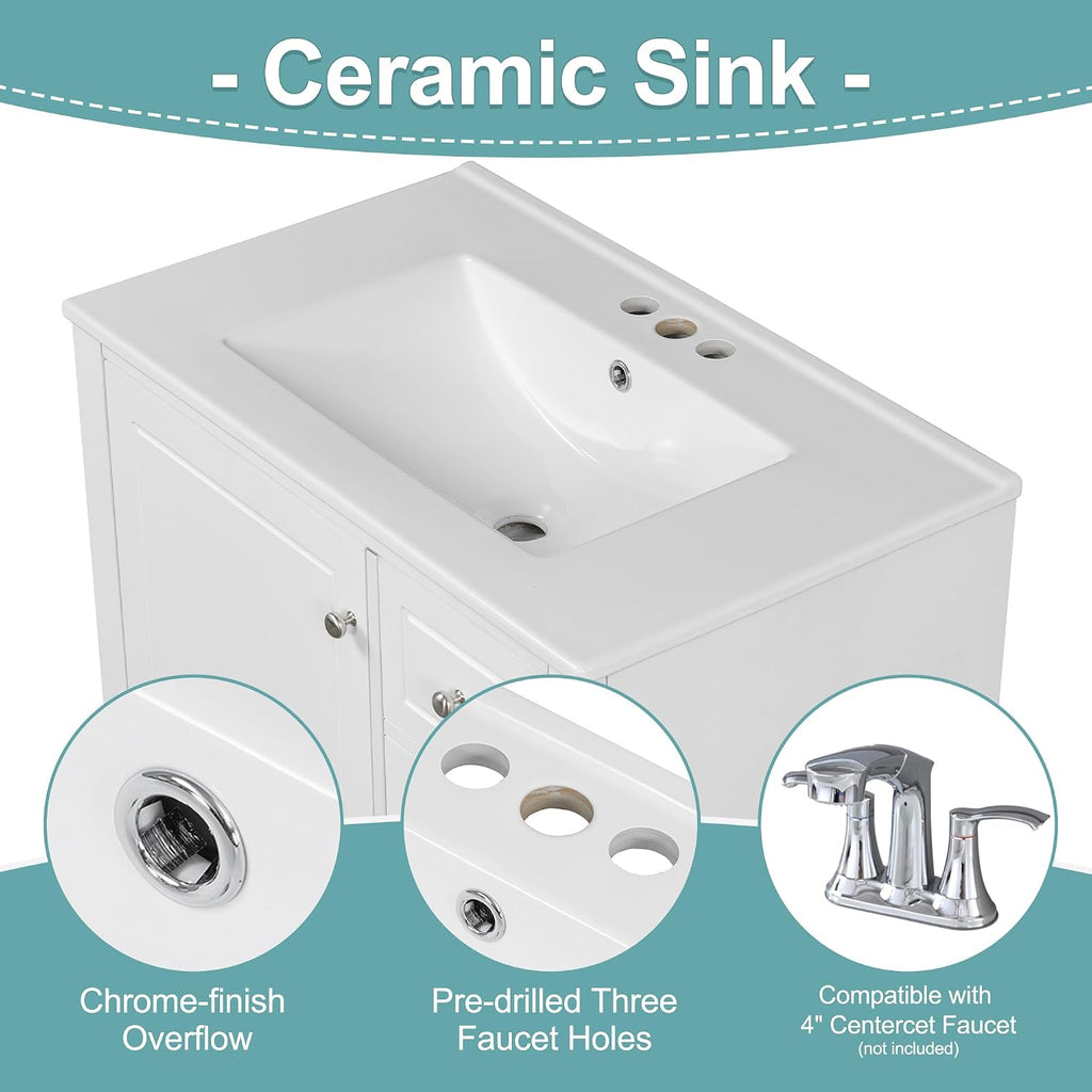 30 Inch White Bathroom Vanity with Sink,Modern Bathroom Sink Cabinet 30 Inch,Drop-in with Integrated Countertop,Storage Door Organizer & 3 Drawers,Soft Closing,Solid Wood Frame
