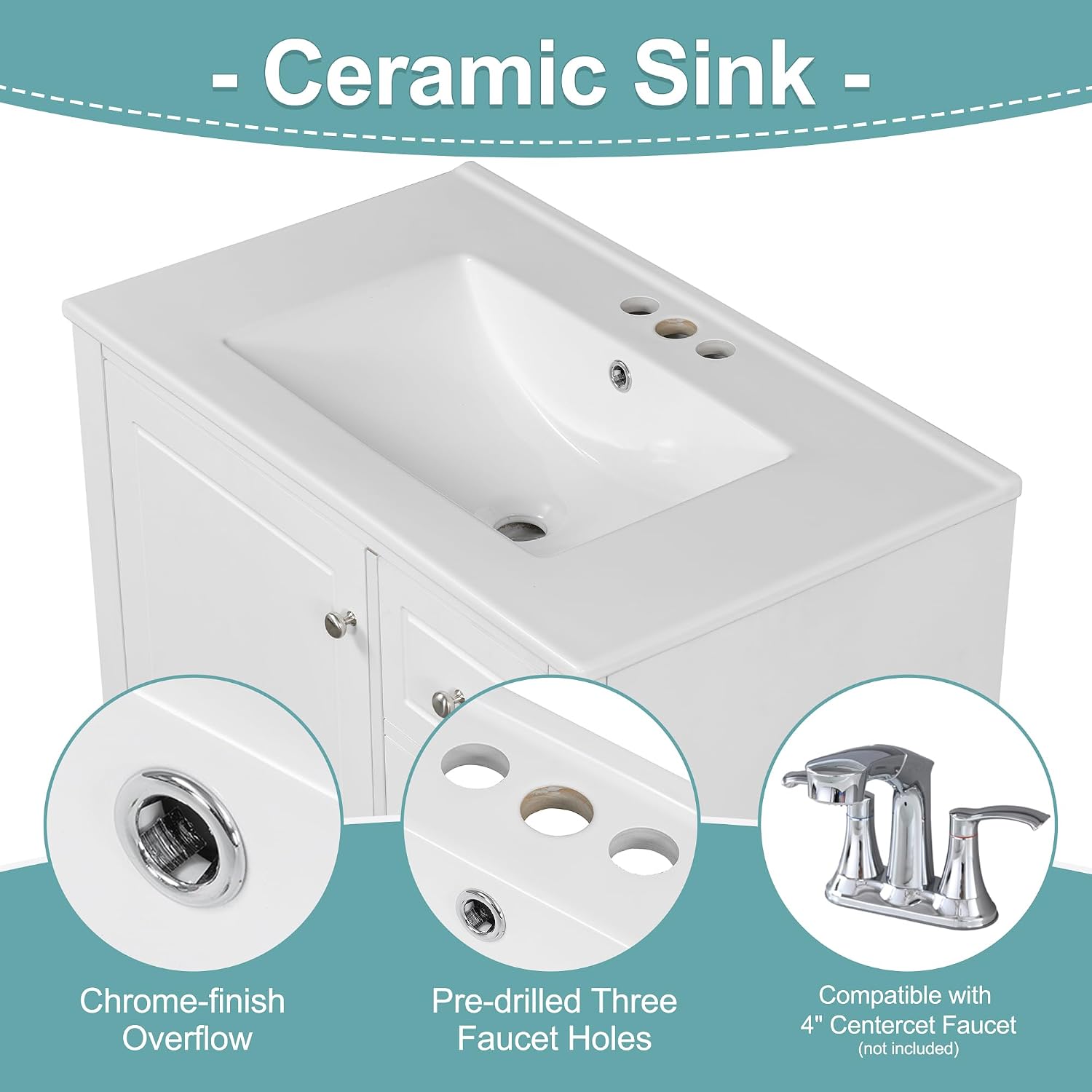 30 Inch White Bathroom Vanity with Sink,Modern Bathroom Sink Cabinet 30 Inch,Drop-in with Integrated Countertop,Storage Door Organizer & 3 Drawers,Soft Closing,Solid Wood Frame