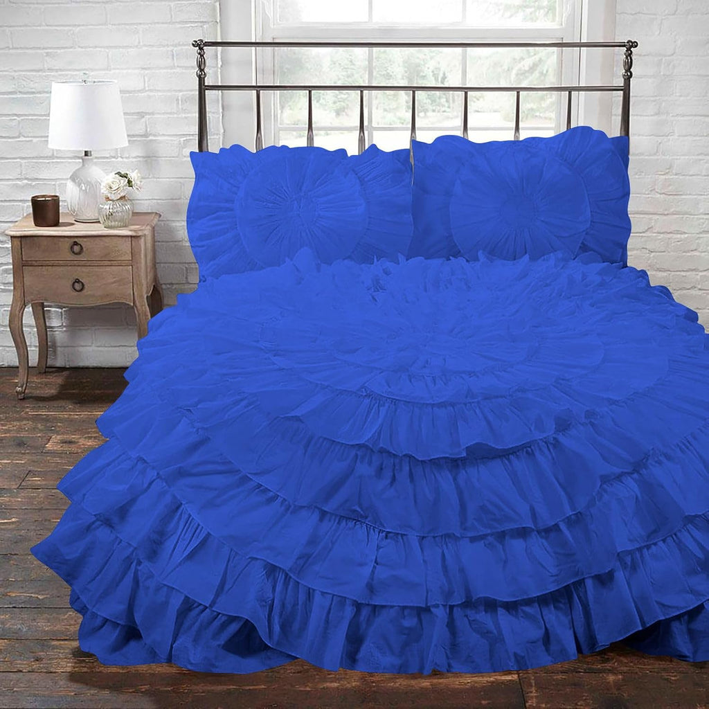 1 Piece 100% Egyptian Cotton Circle Ruffle Comforter, 550 GSM Filled Microfiber - Full/Queen Size, Royal Blue Color - 1000 Thread Count