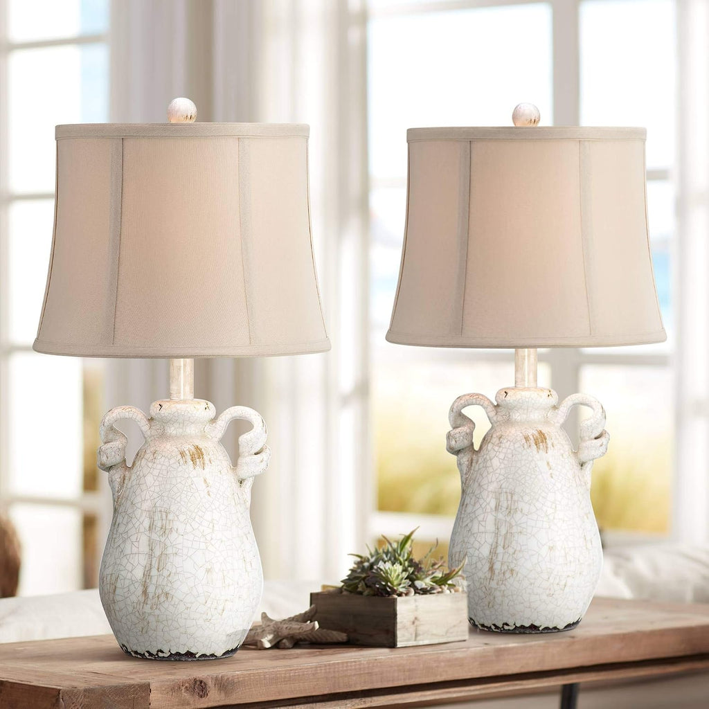 Regency Hill Sofia Rustic Country Cottage Core Accent Table Lamps 22' Tall Set of 2 Crackled Ivory Glaze Ceramic Handles Jar Beige Bell Shade for Bedroom Living Room House Home Bedside Nightstand