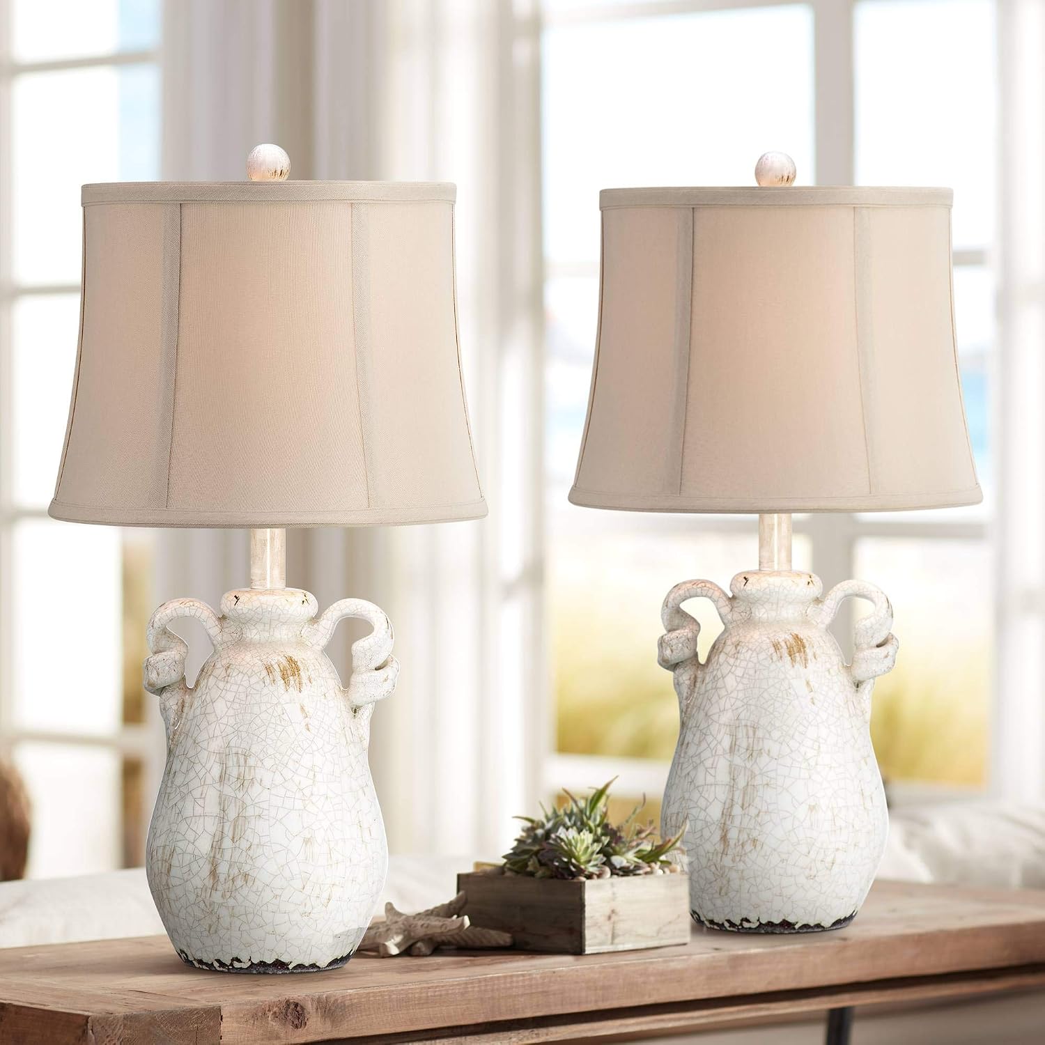 Regency Hill Sofia Rustic Country Cottage Core Accent Table Lamps 22' Tall Set of 2 Crackled Ivory Glaze Ceramic Handles Jar Beige Bell Shade for Bedroom Living Room House Home Bedside Nightstand